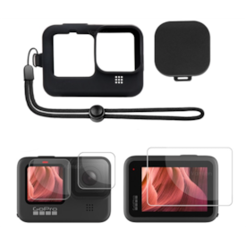 CAPA SILICONE PRETO PARA GOPRO HERO 9/10 + PELICULAS DE VIDRO 