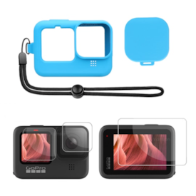 CAPA SILICONE AZUL PARA GOPRO HERO 9/10 + PELICULAS DE VIDRO 
